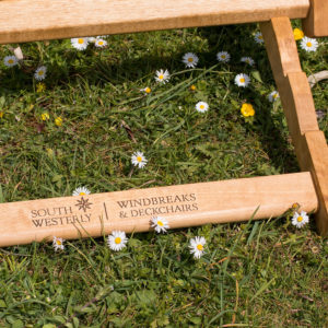 Folding deck chair frame detail showing South Westerly logo