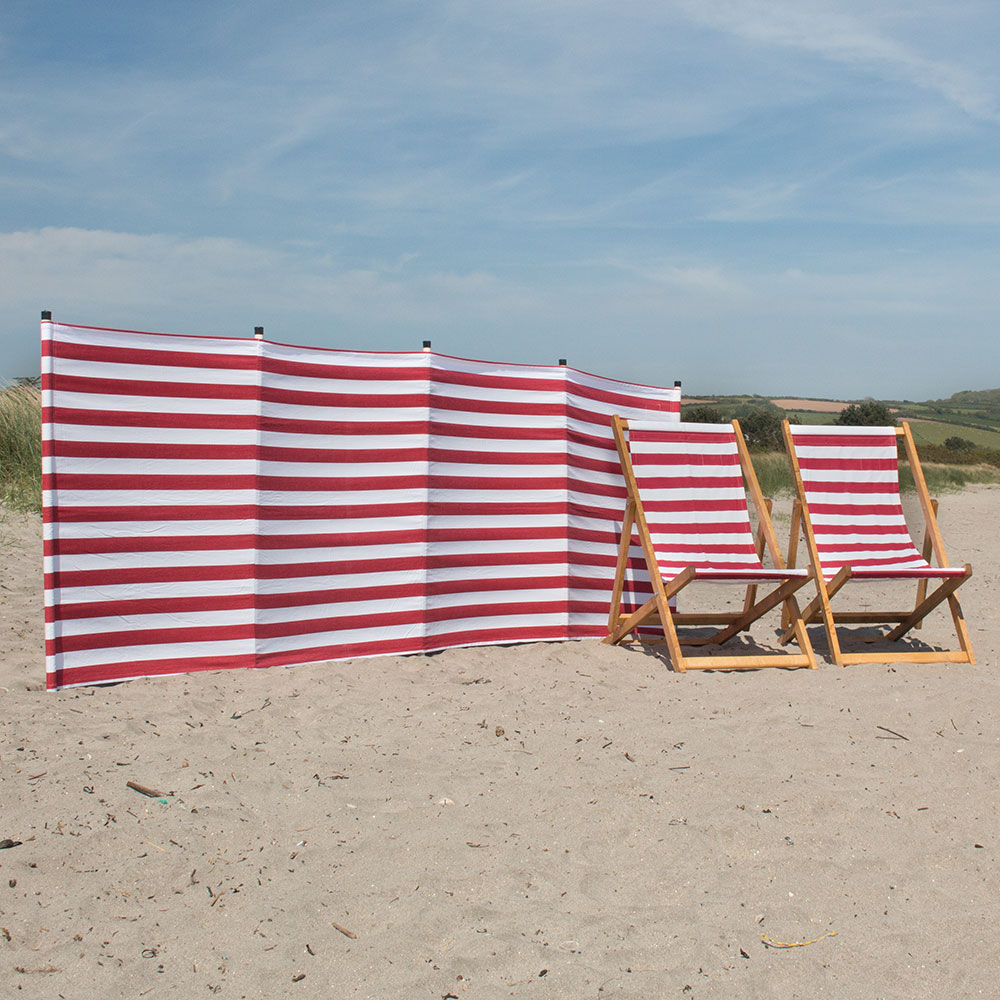 Red Nautical Striped Deckchairs and Windbreak