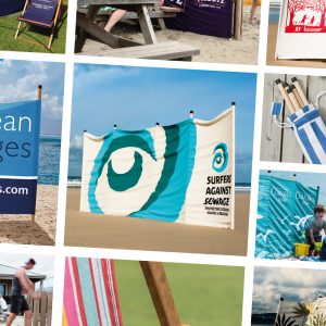 branded windbreaks and deckchairs