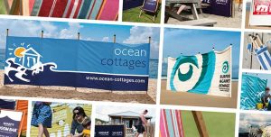 various photos of branded windbreaks and deckchairs