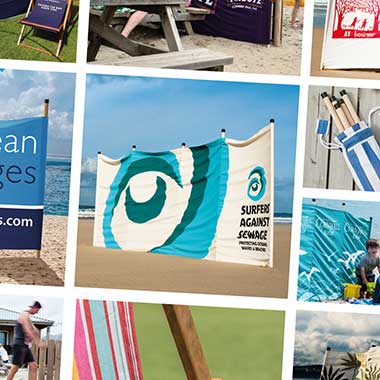 photos of branded windbreaks and deckchairs